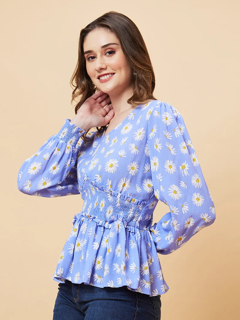 globus Women Blue Polka Dot Print Puff Sleeve Cinched Waist Top