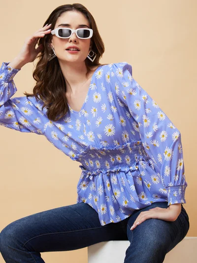 globus Women Blue Polka Dot Print Puff Sleeve Cinched Waist Top