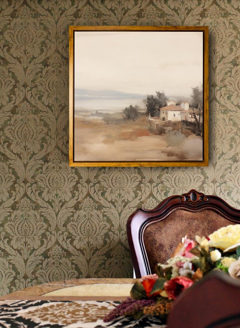 لوحة كانفاس على إطار خشبي بإطار خارجي باللون الخشبي وتصميم بيت كلاسيكي محاط بالأشجار - Image 1