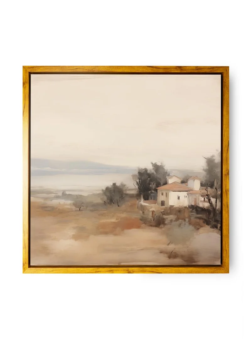 LOWHA Canvas Wall Art Stretched Over Wooden Frame with Wooden Color Floating Frame and Vintage Style House Surrounded by Trees Painting