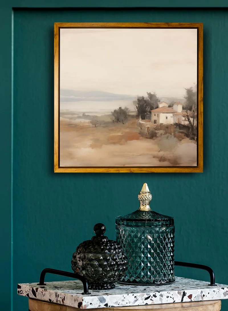 LOWHA Canvas Wall Art Stretched Over Wooden Frame with Wooden Color Floating Frame and Vintage Style House Surrounded by Trees Painting