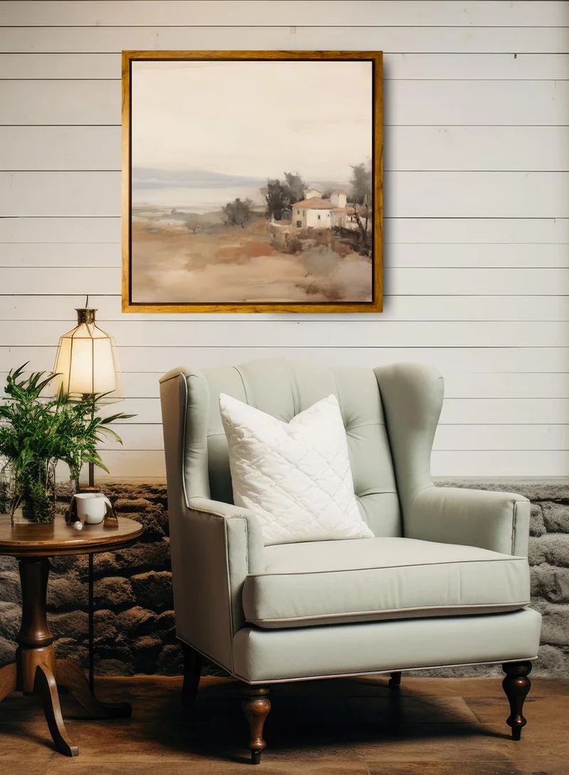 LOWHA Canvas Wall Art Stretched Over Wooden Frame with Wooden Color Floating Frame and Vintage Style House Surrounded by Trees Painting