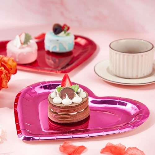 Remerry 100 Pcs Valentine Heart Plates Bulk Shaped Disposable Paper Plates Thick Dinnerware Table Decorative Dessert Dinner Plate for Valentine's Day Wedding Birthday Party Anniversary(Red Pink) - Image 3