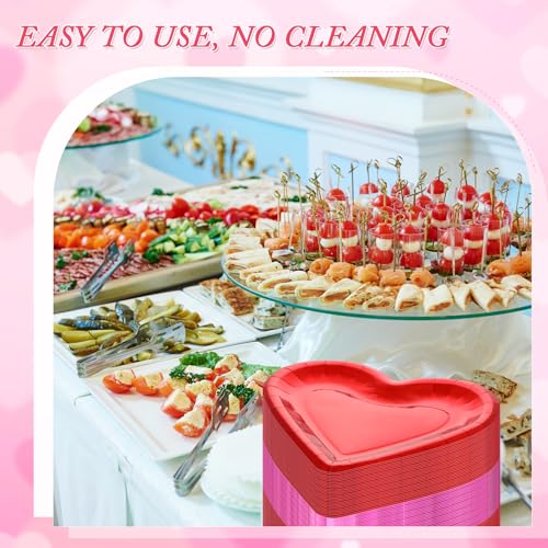 Remerry 100 Pcs Valentine Heart Plates Bulk Shaped Disposable Paper Plates Thick Dinnerware Table Decorative Dessert Dinner Plate for Valentine's Day Wedding Birthday Party Anniversary(Red Pink) - Image 4