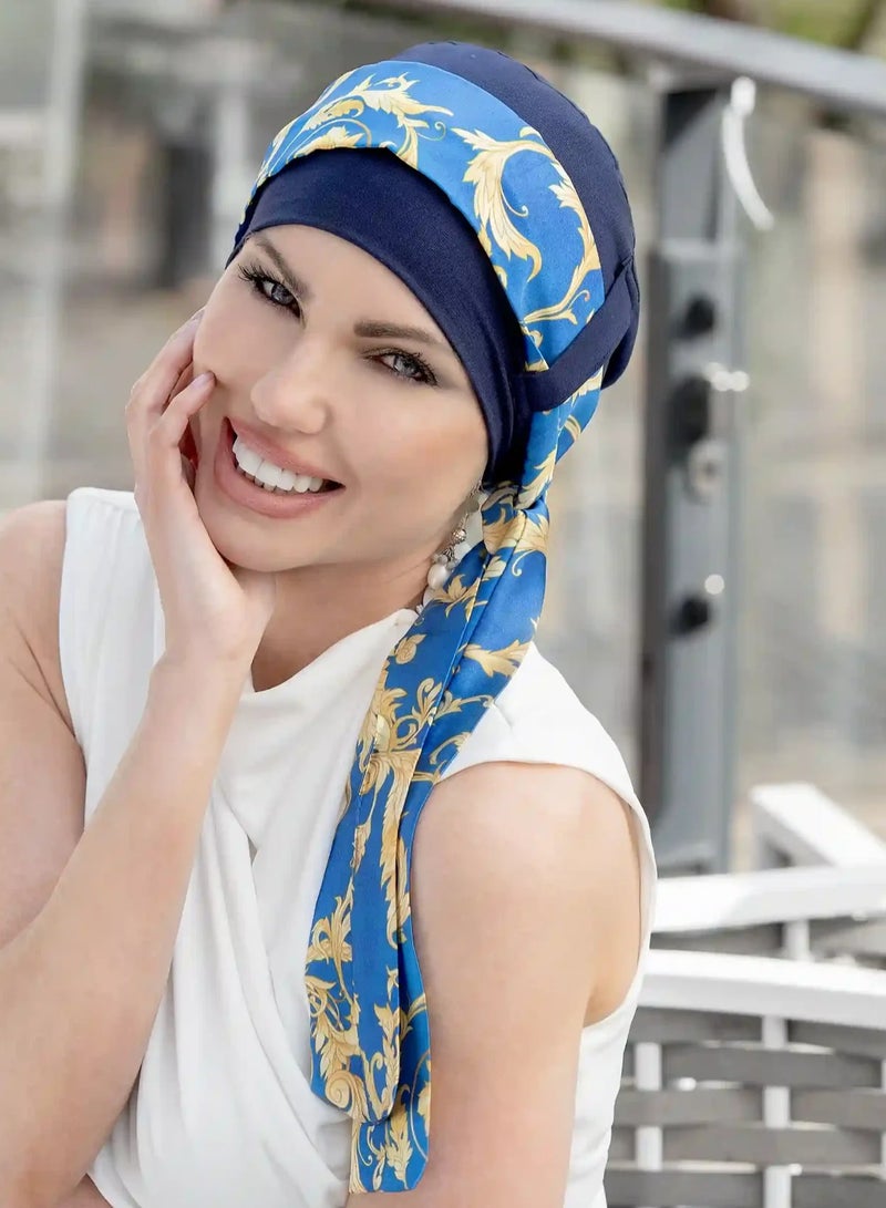 رنگ وشاح حريري نسائي من يانا باللون الأزرق الملكي الذهبي - Image 4