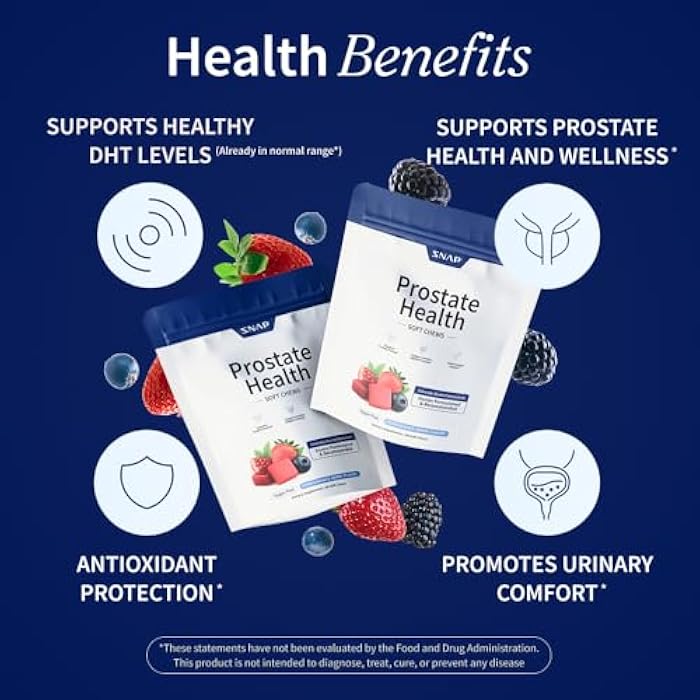 SNAP SUPPLEMENTS مكملات سناب لصحة البروستاتا للرجال مع الستيرولات النباتية، جذر القراص وفطر الريشي - يدعم صحة البروستاتا وصحة المسالك البولية، 60 قطعة حلوى لينة خالية من السكر، بنكهة الرمان والتوت - Image 4