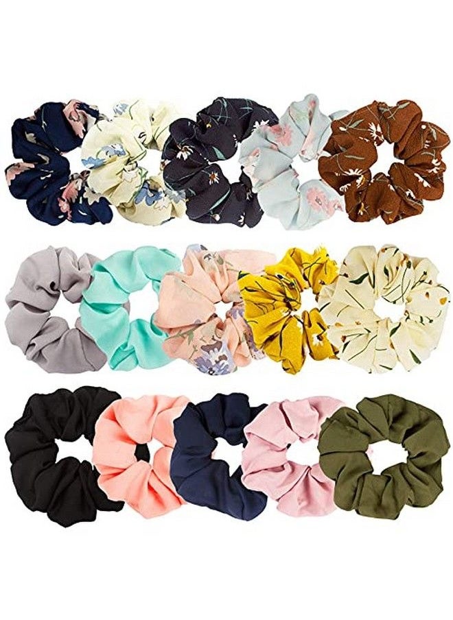 Fameza 15 Pcs Floral Solid Color Scrunchies Silk Scrunchies For Girls With Bow Scrunchies For Women With Chiffon Bow Scrunchies For Women Bulk Hair Scrunchies For Women  - Image 1