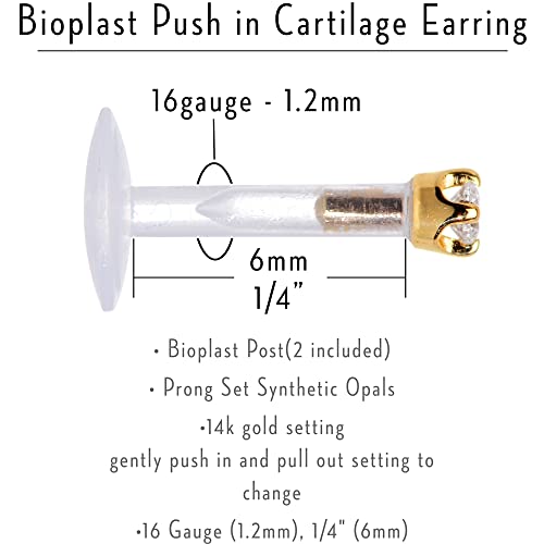 Body Candy 16 Gauge 1/4" Short Post Length 14k Yellow Gold 1.5mm CZ Bioplast Push in Cartilage Earring - Image 4