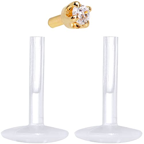 Body Candy 16 Gauge 1/4" Short Post Length 14k Yellow Gold 1.5mm CZ Bioplast Push in Cartilage Earring - Image 5