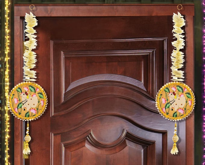 COW DESIGN LATKAN HANGINGS FOR HOME DECORPUJA DECORHOUSEWARMINGBACKDROPMANDIRLOTUS HANGING WITH COW PICHWAI FOR DECORATIONTHORANAMDOOR HANGINGS FOR ENTRANCE PACK OF 2