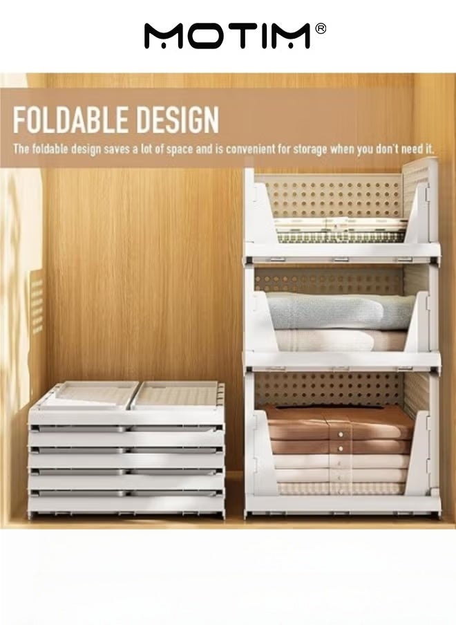 Motim Stackable Plastic Storage Basket 4PCS Large Foldable Closet Organizer Stackable Drawer for Wardrobe Cabinet Kitchen Bathroom Office White - Image 3