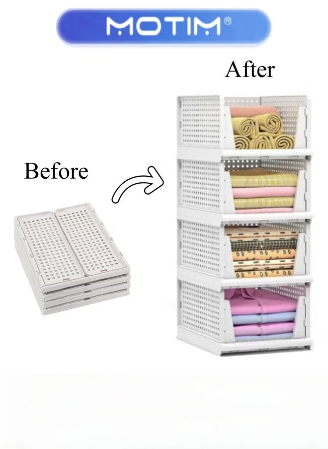 Motim Stackable Plastic Storage Basket 4PCS Large Foldable Closet Organizer Stackable Drawer for Wardrobe Cabinet Kitchen Bathroom Office White - Image 1