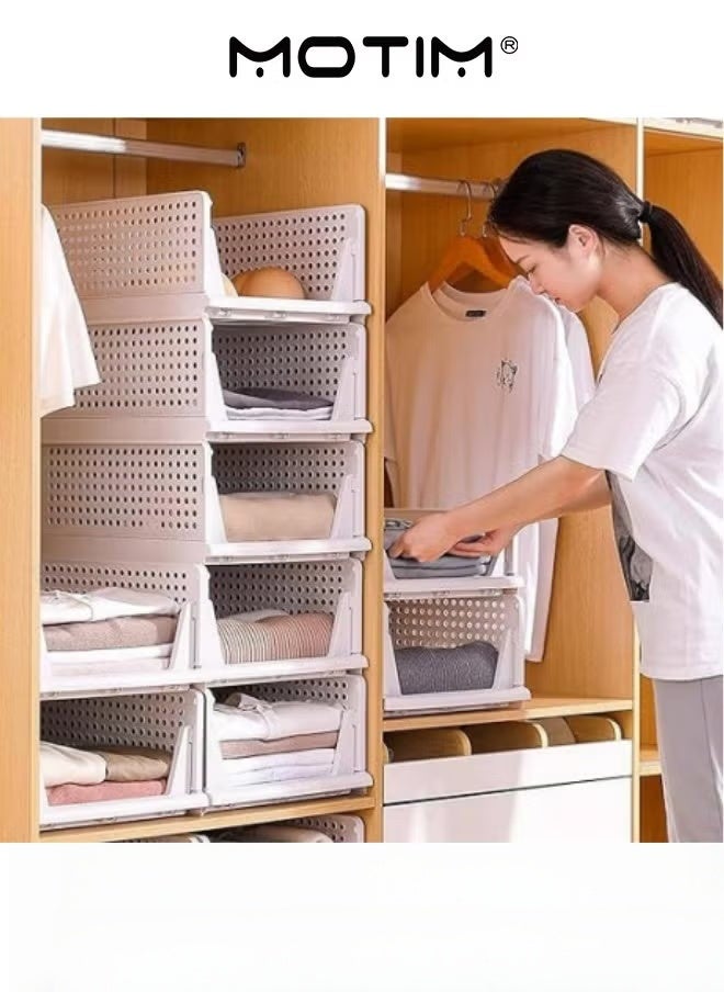 Motim Stackable Plastic Storage Basket 4PCS Large Foldable Closet Organizer Stackable Drawer for Wardrobe Cabinet Kitchen Bathroom Office White - Image 5