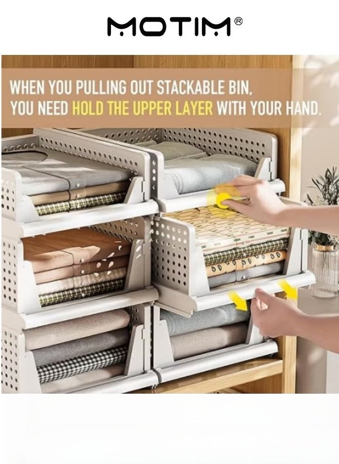 Motim Stackable Plastic Storage Basket 4PCS Large Foldable Closet Organizer Stackable Drawer for Wardrobe Cabinet Kitchen Bathroom Office White - Image 4