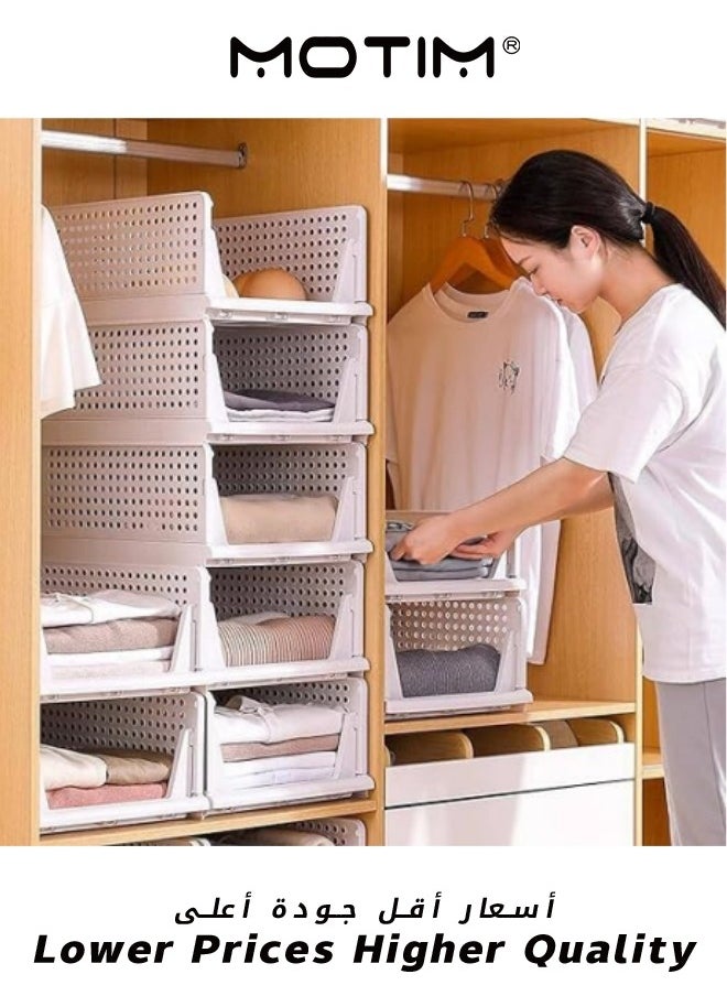 Motim Stackable Plastic Storage Basket 4PCS Large Foldable Closet Organizer Stackable Drawer for Wardrobe Cabinet Kitchen Bathroom Office White  - Image 5