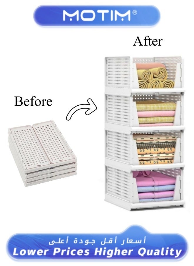 Motim Stackable Plastic Storage Basket 4PCS Large Foldable Closet Organizer Stackable Drawer for Wardrobe Cabinet Kitchen Bathroom Office White  - Image 1