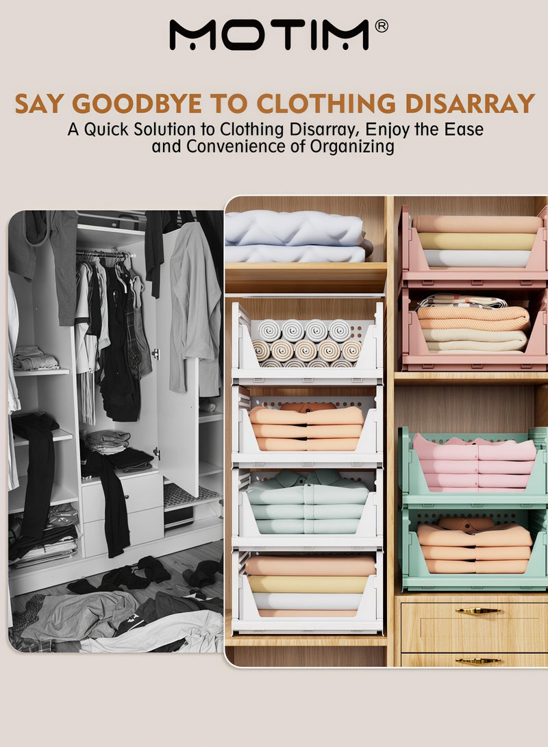 Motim Stackable Plastic Storage Basket 4PCS Large Foldable Closet Organizer Stackable Drawer for Wardrobe Cabinet Kitchen Bathroom Office White - Image 4