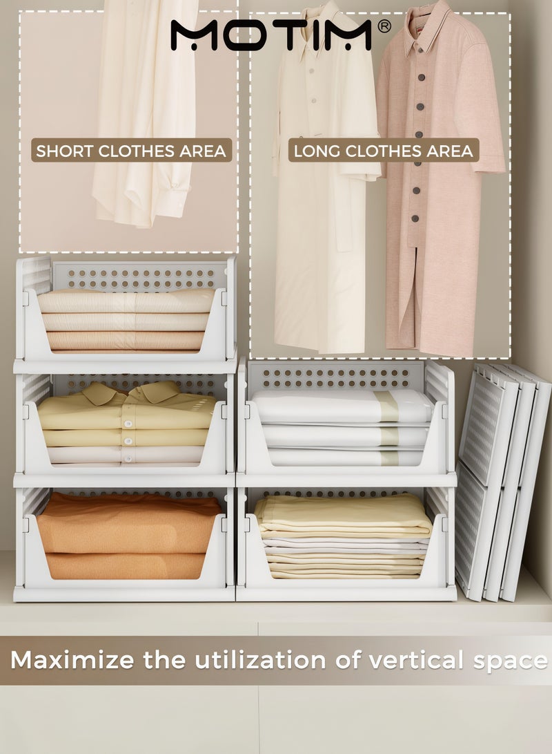 Motim Stackable Plastic Storage Basket 4PCS Large Foldable Closet Organizer Stackable Drawer for Wardrobe Cabinet Kitchen Bathroom Office White - Image 3