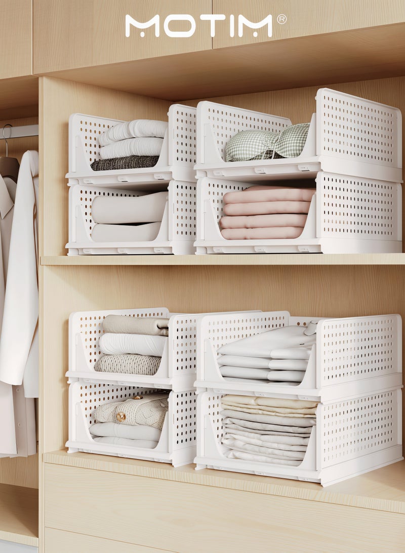 Motim Stackable Plastic Storage Basket 4PCS Large Foldable Closet Organizer Stackable Drawer for Wardrobe Cabinet Kitchen Bathroom Office White - Image 2