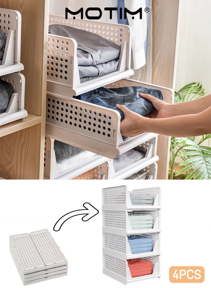 Motim Stackable Plastic Storage Basket 4PCS Large Foldable Closet Organizer Stackable Drawer for Wardrobe Cabinet Kitchen Bathroom Office White - Image 1