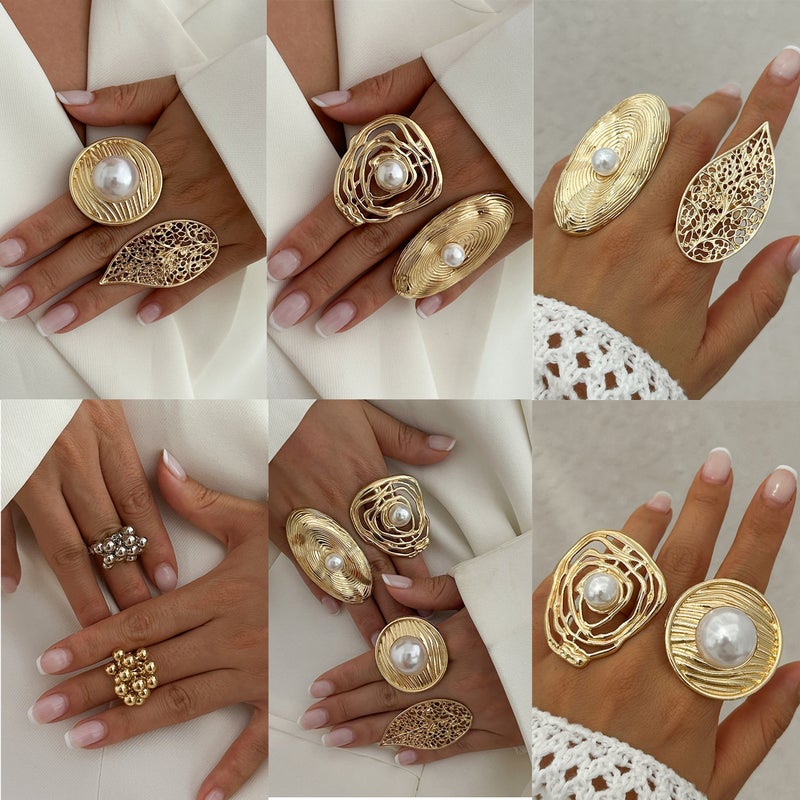 SHIXIN European and American Cross-Border Jewelry Irregular Hollow Woven Pearl-Style Alloy Open Ring - Niche Trendy Accessory - Image 1