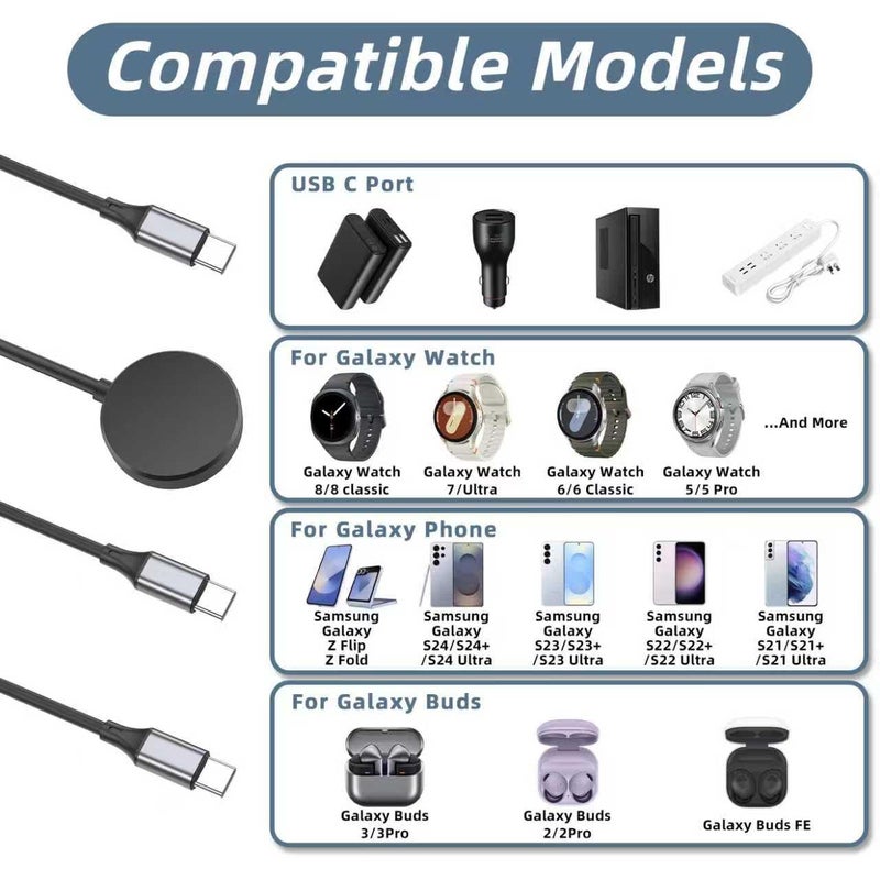 Clolasa USB C 2 in 1 Multi Fast Charger Charging Cable for Samsung Galaxy Watch 8/8 Classic/7/FE/Ultra/6/6 Classic/5/5 Pro/4/4 classic/3/Active 2/Active & Galaxy S25/S24/S23/S22/21/20 Note-4FT - Image 2