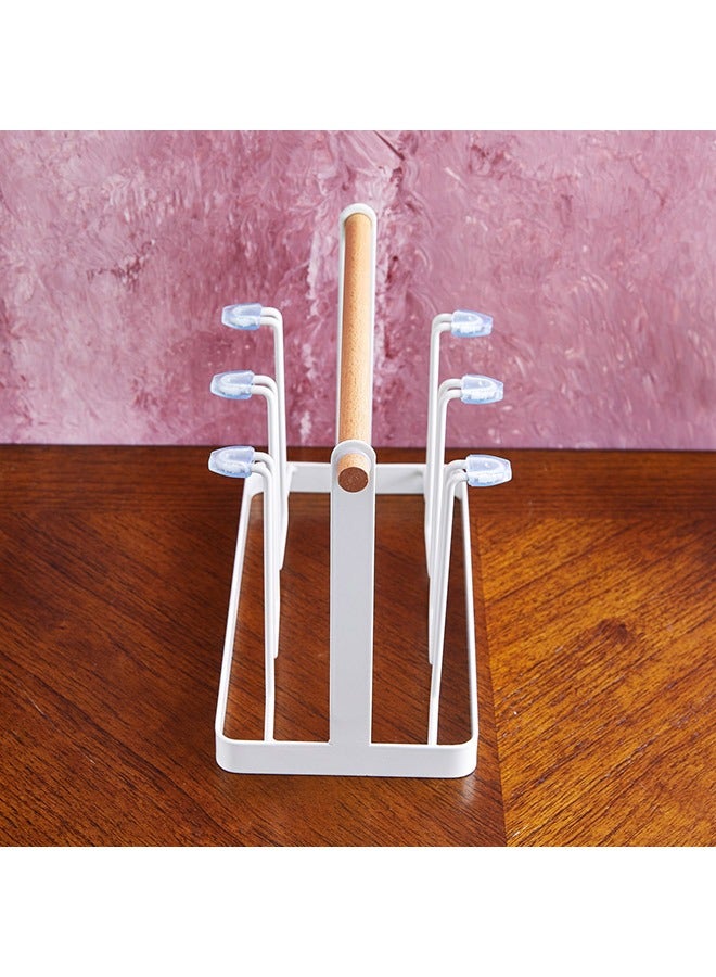 Coffee Cup Holder 6 Cups Black Home Cup Drying Rack Mug Drainer Stand Rack Non-slip Mugs Cups Stand Organizer with Wood Handle White - Image 3