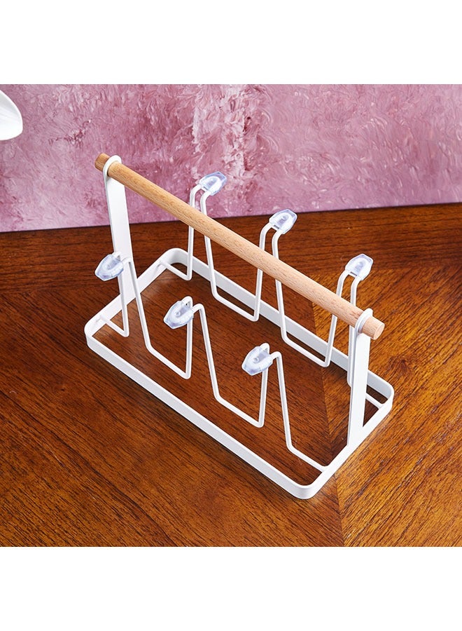 Coffee Cup Holder 6 Cups Black Home Cup Drying Rack Mug Drainer Stand Rack Non-slip Mugs Cups Stand Organizer with Wood Handle White - Image 4
