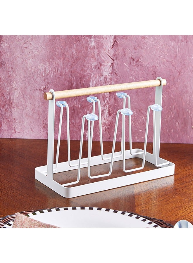 Coffee Cup Holder 6 Cups Black Home Cup Drying Rack Mug Drainer Stand Rack Non-slip Mugs Cups Stand Organizer with Wood Handle White - Image 2