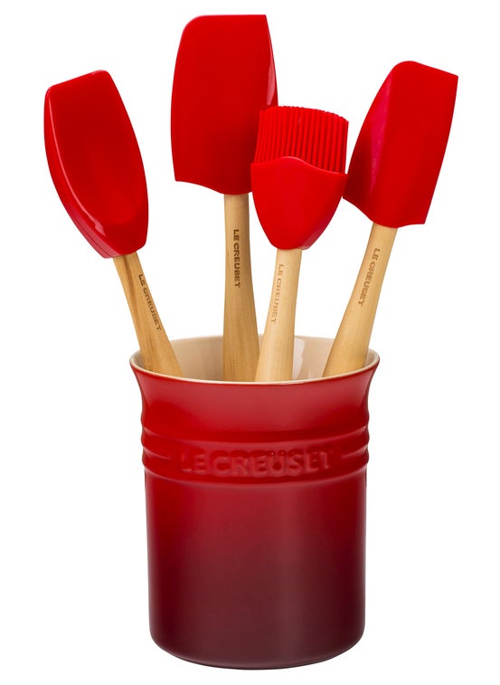 Le Creuset Silicone Craft Series Utensil Set with Stoneware Crock  5 pc.  Cerise