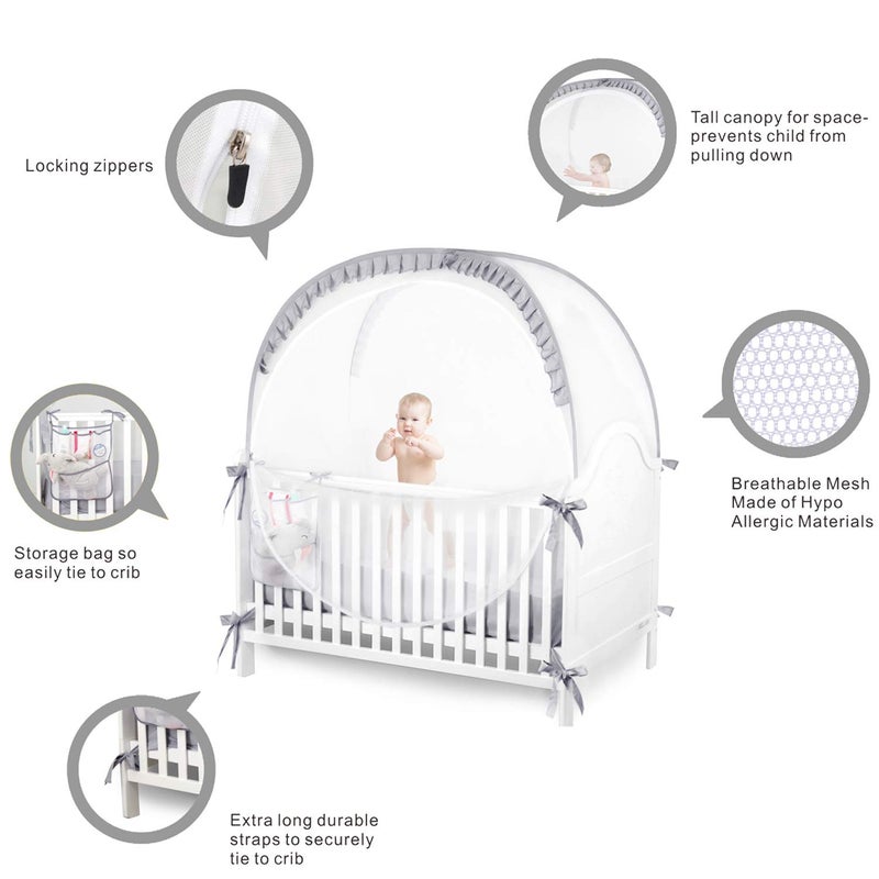 ZXPLO Baby Safety Crib Tent Infant Pop up Mosquito Net Nursery Bed Canopy Netting Cover - Keep Baby from Climbing Out with Hanging Diaper Storage Bag (Gray) - Image 2