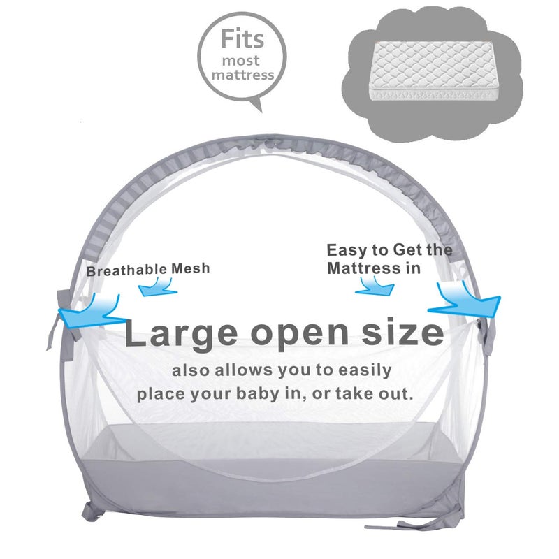 ZXPLO Baby Safety Crib Tent Infant Pop up Mosquito Net Nursery Bed Canopy Netting Cover - Keep Baby from Climbing Out with Hanging Diaper Storage Bag (Gray) - Image 3