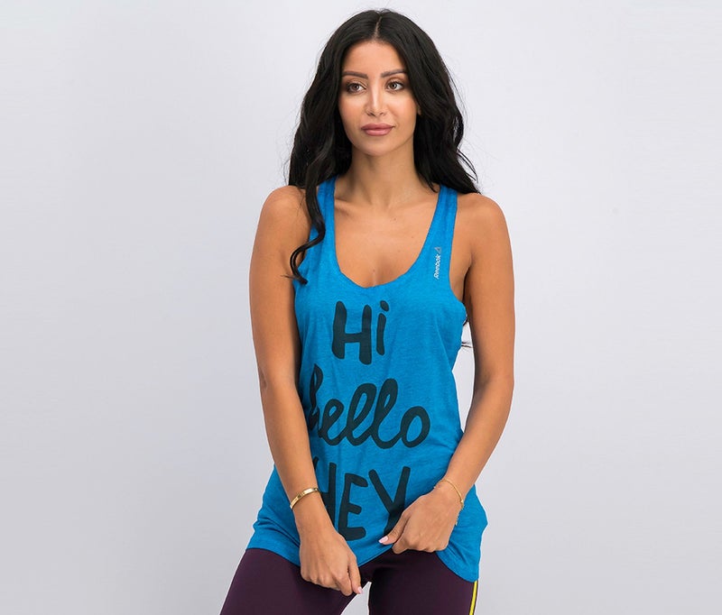 Reebok Women Hi Hello Graphic Tank, Con Blue - Image 1