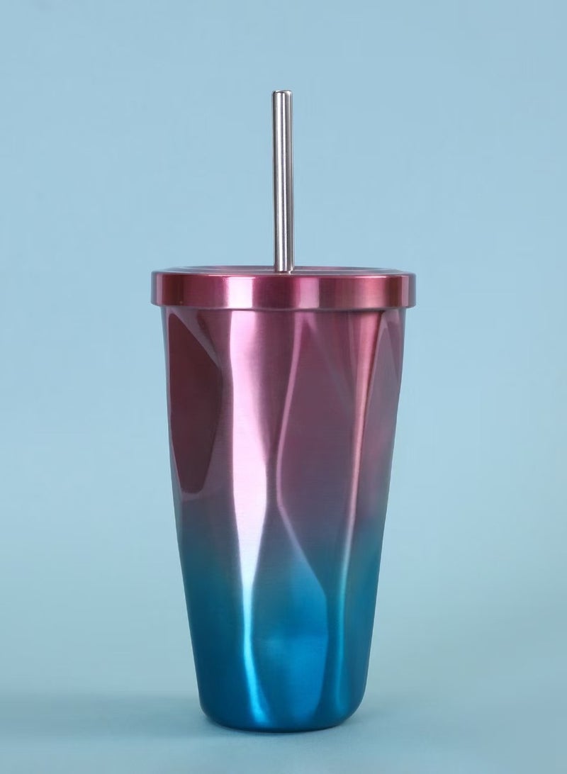 Stainless Steel Tumbler with Straw - Wim Hot and Cold Double Wall Drinking Cups Coffee Mugs Ice Cups 16oz/500ml Irregular Diamond with Lid- Red & Blue  - Image 1