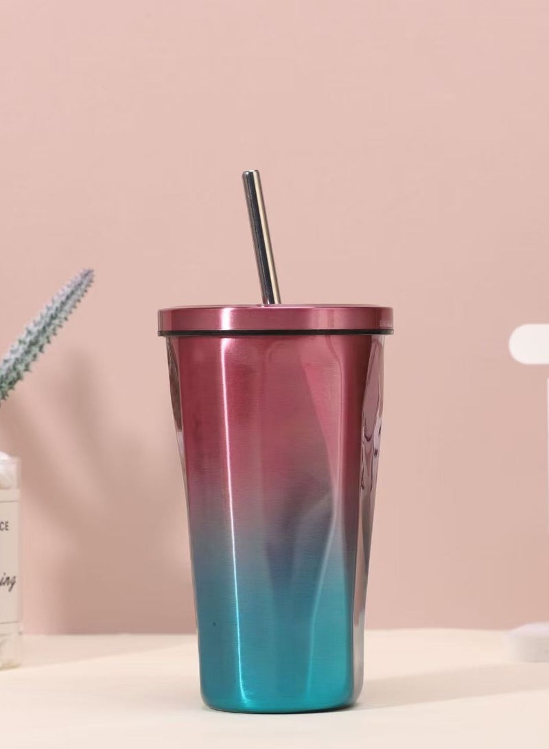 Stainless Steel Tumbler with Straw - Wim Hot and Cold Double Wall Drinking Cups Coffee Mugs Ice Cups 16oz/500ml Irregular Diamond with Lid- Red & Blue  - Image 2