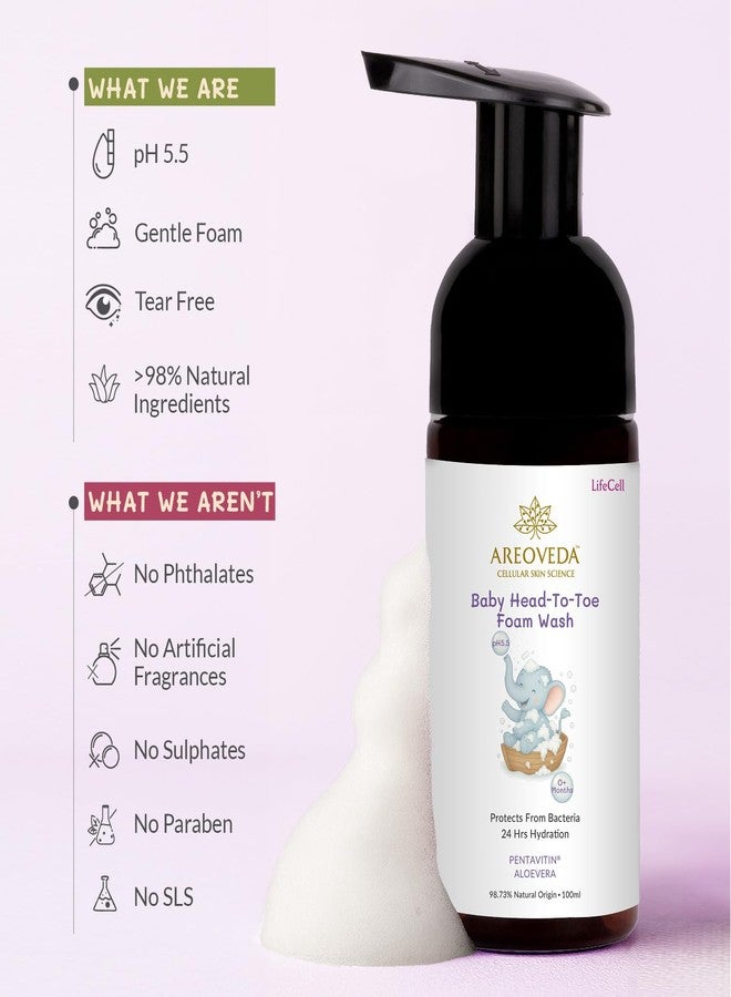 AreoVeda Baby Head-To-Toe Foam Wash With Self-Foaming Pump (100ml) I Tear-Free Baby Wash I 24 Hrs Hydration I pH 5.5 With PENTAVITIN® & Aloe Vera I Safe from Day 1 I Lab Tested, Ecocert Certified, EWG Verified - Image 4