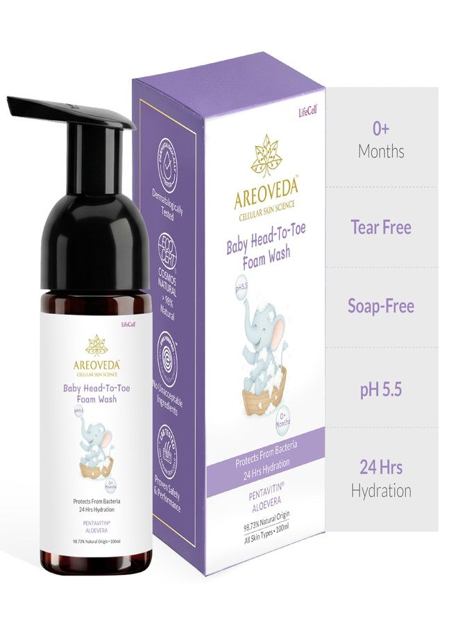 AreoVeda Baby Head-To-Toe Foam Wash With Self-Foaming Pump (100ml) I Tear-Free Baby Wash I 24 Hrs Hydration I pH 5.5 With PENTAVITIN® & Aloe Vera I Safe from Day 1 I Lab Tested, Ecocert Certified, EWG Verified - Image 1