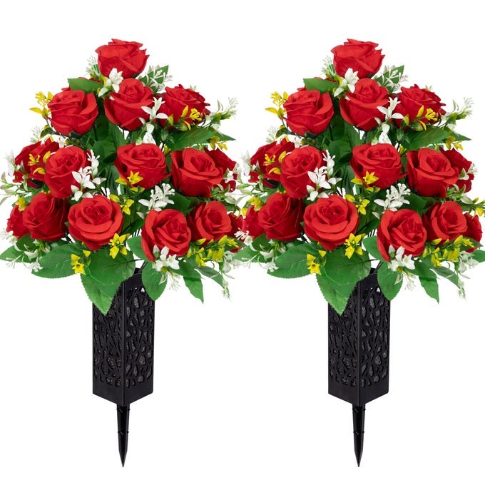 2 SETS ARTIFICIAL CEMETERY FLOWERSMEMORIAL FLOWERSBEAUTIFUL ARRANGEMENTS FOR HEADSTONESBLACK PLASTIC VASE WITH DRAINAGE HOLE LONG SPIKES OUTDOOR MEMORIALS RED