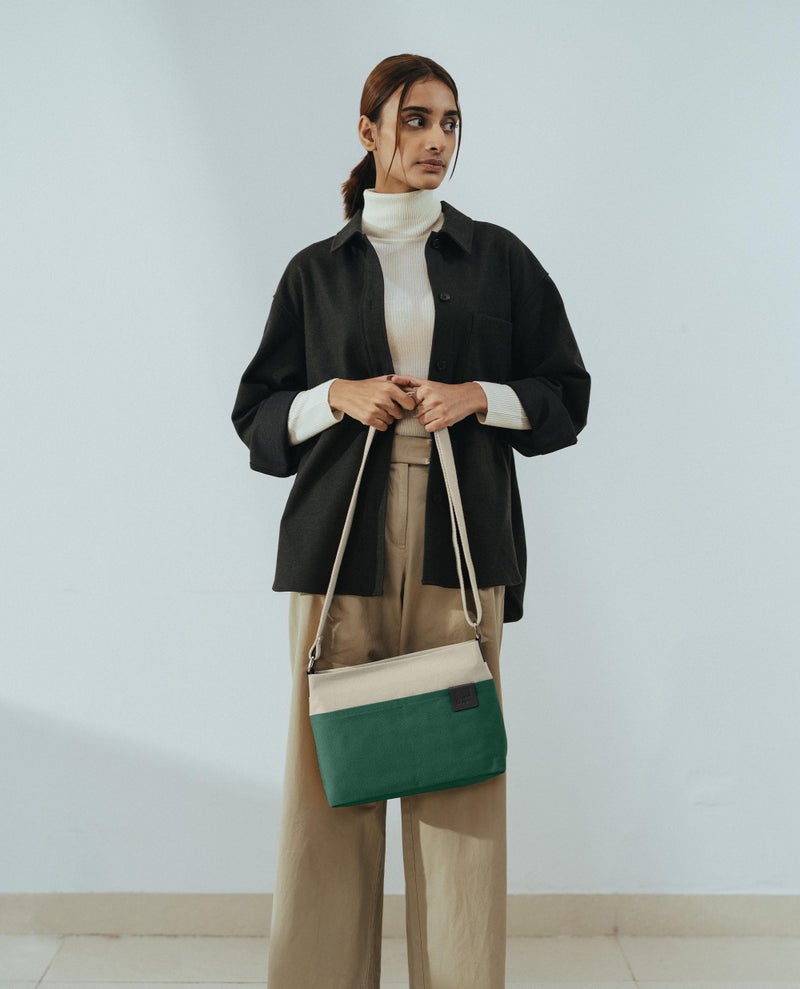 DailyObjects Unisex All Sunday Sling Crossbody Bag |Cotton Canvas Purse With Slip Pockets | Zip Closure | Storage Space For Essentials | Relaxed Shoulder Handbag | Handcrafted Ivory-Green - Image 3