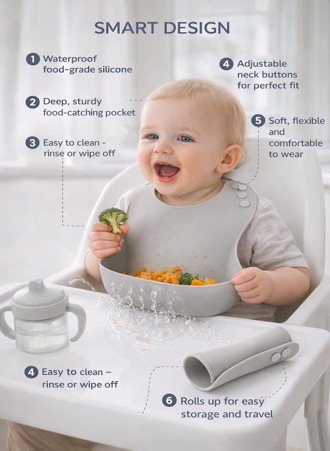 SGMVK Silicone Baby Bib for Babies & Toddlers 6–36 Months, Waterproof BPA Free Feeding Bib with Adjustable Neck Strap, Food Catcher Pocket, Soft Washable Reusable Bib for Boys & Girls (BIB GREY) - Image 4