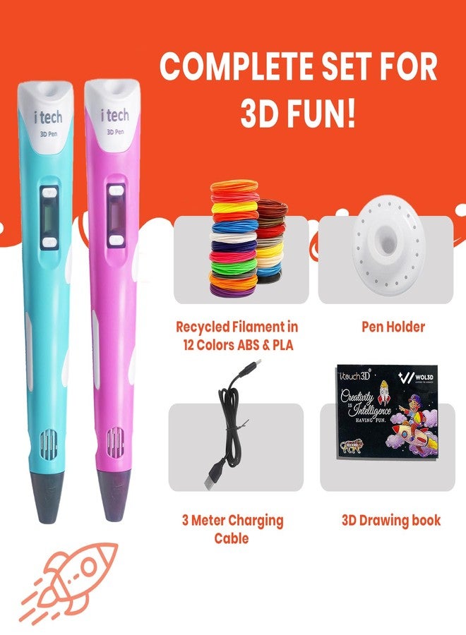 WOL 3D WOL3D iTech Blue Magic 3D Pen with 12 Color PLA Filament Set, OLED Display, Adjustable Speed, Temperature Control, USB Powered 3D Printing Drawing Pen for Kids, Adults, DIY Art & Crafts - Image 2