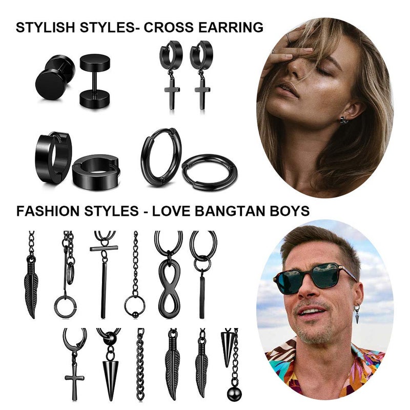 FIFATA Cross Dangle Earrings for Men 20 Pieces, Stainless Steel Stud Hinged Hoop Earrings, Long Chain Kpop Earrings for Women, Black and Silver - Image 2
