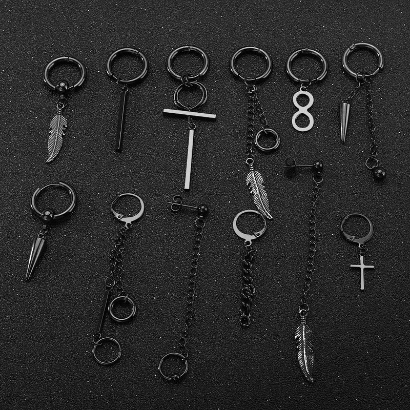 FIFATA Cross Dangle Earrings for Men 20 Pieces, Stainless Steel Stud Hinged Hoop Earrings, Long Chain Kpop Earrings for Women, Black and Silver - Image 3