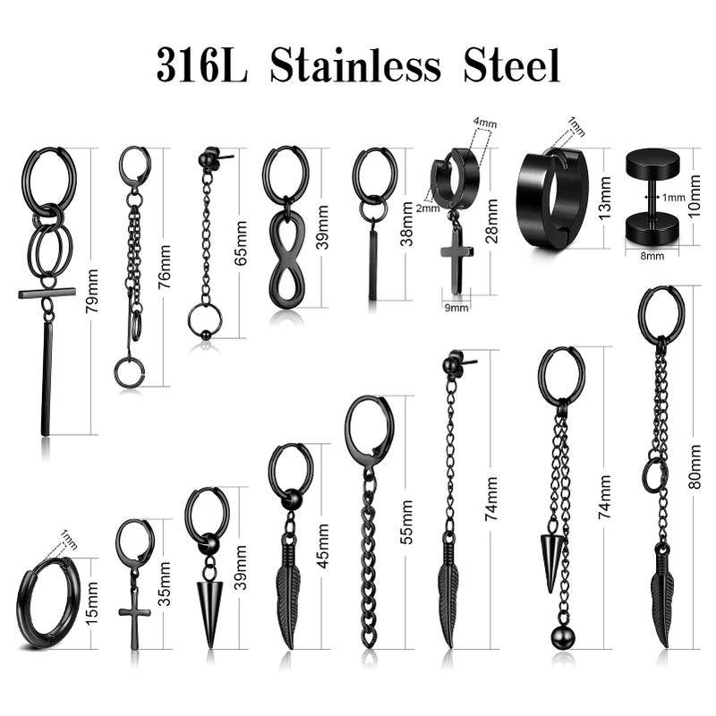 FIFATA Cross Dangle Earrings for Men 20 Pieces, Stainless Steel Stud Hinged Hoop Earrings, Long Chain Kpop Earrings for Women, Black and Silver - Image 4