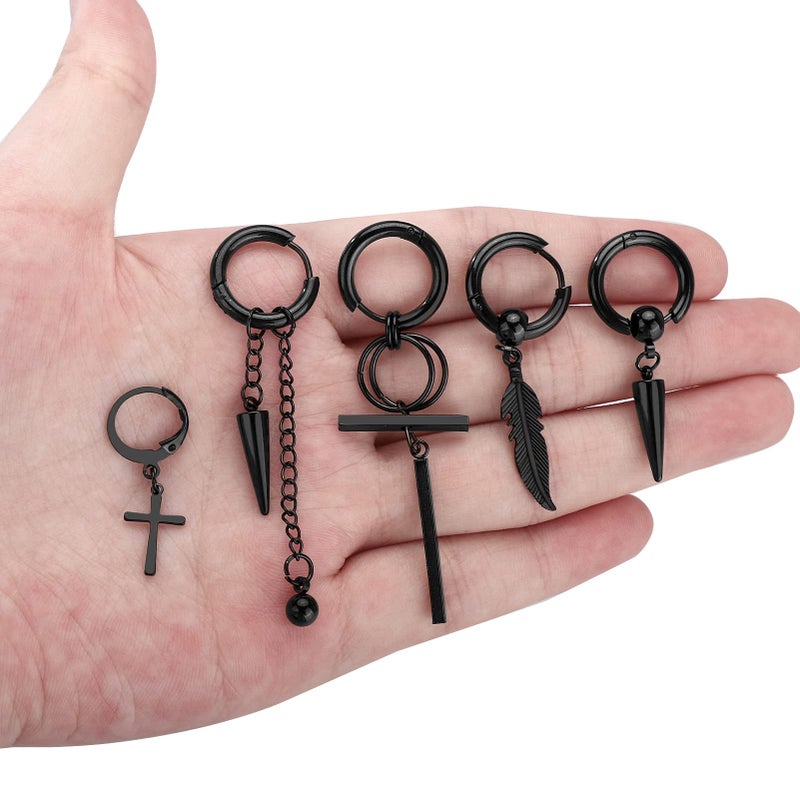 FIFATA Cross Dangle Earrings for Men 20 Pieces, Stainless Steel Stud Hinged Hoop Earrings, Long Chain Kpop Earrings for Women, Black and Silver - Image 5