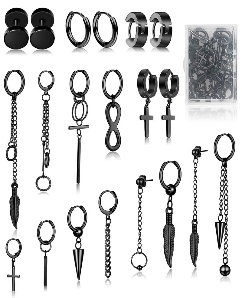 FIFATA Cross Dangle Earrings for Men 20 Pieces, Stainless Steel Stud Hinged Hoop Earrings, Long Chain Kpop Earrings for Women, Black and Silver - Image 1