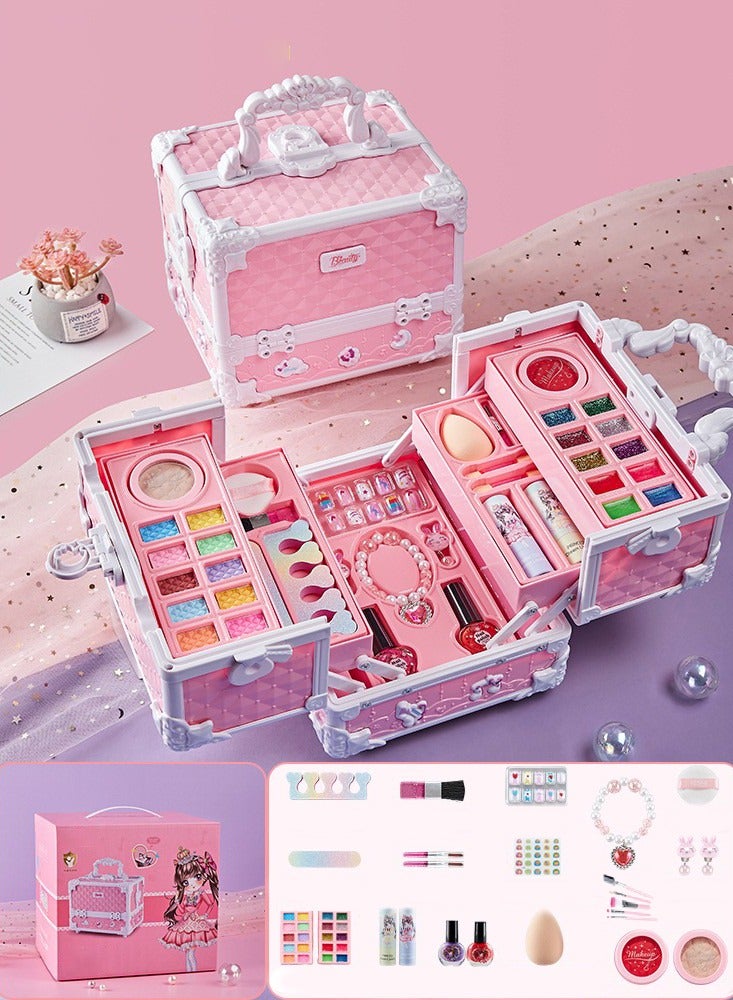 Makeup Set for Girls, Washable Cosmetic Kit, Makeup Box Suitcase Includes Lipstick/ Eyeshadows/ Nail Polish/ Stickers, Kid Toy Gift - Image 1