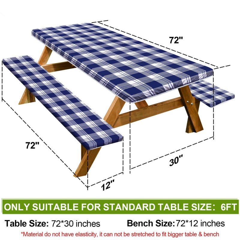 Play Tailor Picnic Table Cover with Bench Covers Camping Essentials Waterproof Windproof Camping Tablecloth with Drawstring Bag, Fitted Rectangle Tables and Seats, 72in, Blue Checkered - Image 2