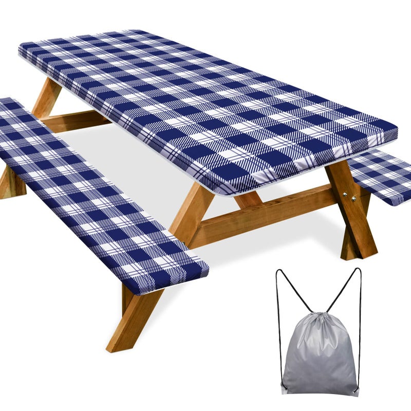 Play Tailor Picnic Table Cover with Bench Covers Camping Essentials Waterproof Windproof Camping Tablecloth with Drawstring Bag, Fitted Rectangle Tables and Seats, 72in, Blue Checkered - Image 1