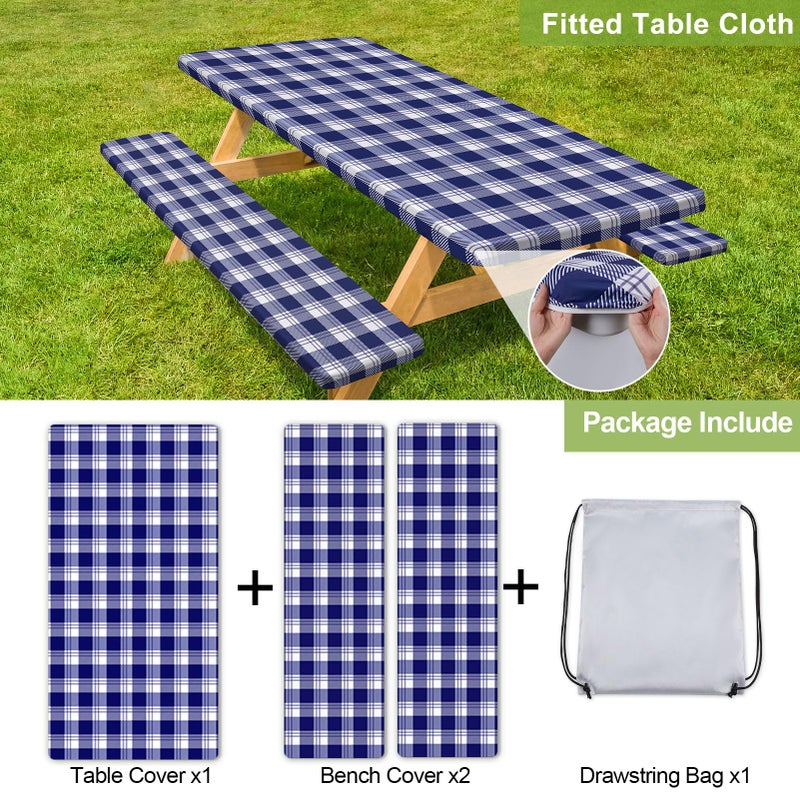 Play Tailor Picnic Table Cover with Bench Covers Camping Essentials Waterproof Windproof Camping Tablecloth with Drawstring Bag, Fitted Rectangle Tables and Seats, 72in, Blue Checkered - Image 4
